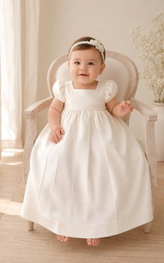 Minimalist Baby Baptism Christening Ceremony Gown A-Line Knee-Length Jewel Neck Puff Sleeve Satin Button Back