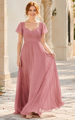 Rose flutter sleeve V neck chiffon A-line gown