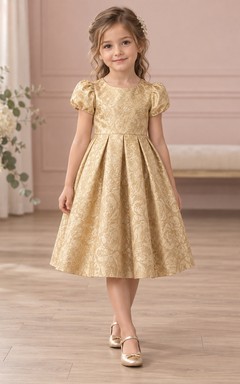 Tea-length Gold Jewel Puff-sleeve Floral Unbanded Box-pleated Zipper-back Brocade Flower Girl Dress