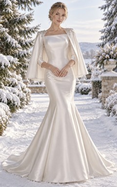 Simple Square Neck Satin Mermaid Short Wedding Cape Dress