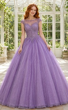Lavender Prom Lacework Ball Gown Jewel Lace Short Sleeve Floor-length Romantic Dress