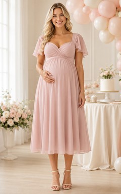 Tender Gathering Blush Empire Tea-Length Square Short-Sleeve Chiffon Romantic Maternity Dress