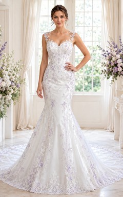 Lavender Lace Mermaid Bridal Dress V-neck Cap Sleeve Cathedral Train