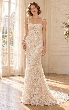 Mermaid Square Neck Thin Strap Allover Lace Wedding Dress