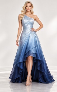 High-low Steel Blue Ombre One Shoulder Satin Formal Evening Gown