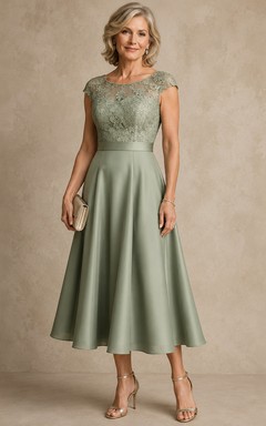 A-Line Tea-Length Bateau Short Sleeve Satin Mother Dress with Lace
