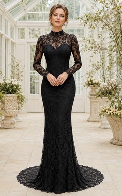 Black Lace High Neck Long Sleeve Mermaid Sweep Train Evening Gown