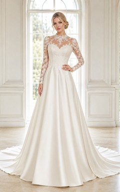 Elegant Modest High Neck Illusion Long Sleeve Satin A-Line Wedding Gown