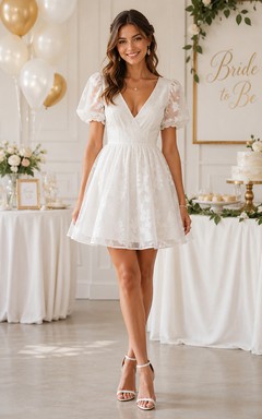 Ivory Short/Mini V-neck Lace A-line Wedding Dress with Lace