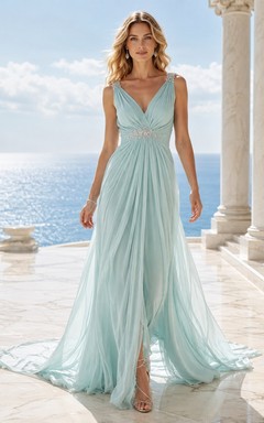 Mintgrünes Strandkleid mit V-Ausschnitt, drapiertem Chiffon, Empire-Schnitt und A-Linien-Schnitt