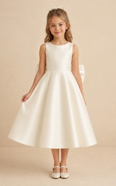 Vestido de niña de flores blanco sin mangas, de corte A, con escote joya y falda a la altura de la rodilla con detalle de lazo.