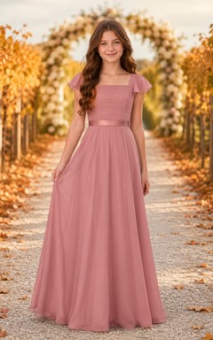 Elegantes Brautjungfernkleid in Altrosa, A-Linie, eckige kurze Ärmel, Chiffon-Oberteil mit Falten