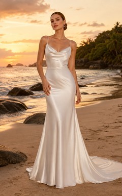 Robe de mariée sirène élégante en satin à bretelles spaghetti et col bénitier pour une destination tropicale