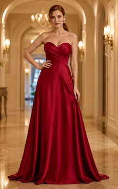Burgunderrotes, trägerloses A-Linien-Abendkleid aus Satin