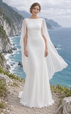 Schlichtes, elegantes Chiffon-Brautkleid mit hohem Kragen, Cape und Schleppe