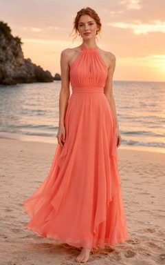Coral Halter Neck Chiffon Floor Length A Line Beach Dress