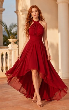Sexy Red Chiffon High-Low Halter Pleated A-Line Evening Dress