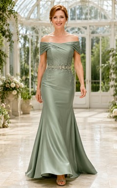 Salbeigrünes schulterfreies Meerjungfrauen-Kleid aus Satin für Mütter