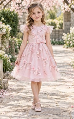 Tea-length Pearl Pink Flutter Sleeve Floral Applique Tulle Bow Flower Girl Dress