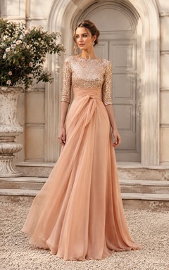 Blush 3/4 Sleeve Lace Bodice A-Line Evening Dress