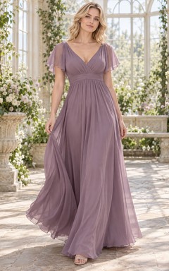 Vestido de dama de honor de gasa con escote en V, mangas con volantes y corte en A, color malva estilo Regencia