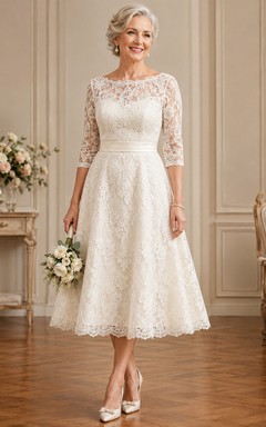 Tea Length Lace A-Line Older Brides Wedding Dress with Long Sleeve Sleeves