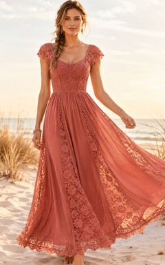 Robe de mariée de plage corail bohème à col en V, manches courtes et dentelle florale, coupe trapèze, longueur au sol