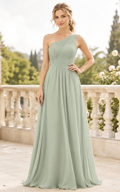 Sage One Shoulder Pleated Chiffon Floor Length A Line Bridesmaid Dress