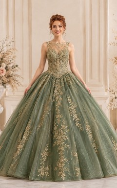 celadon Gold Petite High Neck Embroidered Quinceanera Princess Formal Ball Gown