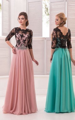 A-Linien-Kleid in Bodenlänge mit hohem Kragen, halben Ärmeln, Chiffon, Perlenstickerei und tiefem V-Ausschnitt am Rücken