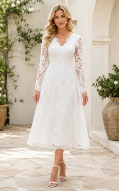 Romantic White Tea-Length V-Neck Long Sleeve Lace Garden Dress Outdoor