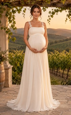 Maternity Wedding Dress Square Neck Lace Strap Simple Vineyard Bridal Gown with Train
