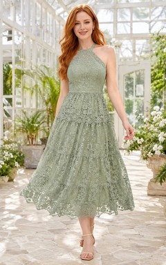 Sage Lace Halter Neck Sleeveless Tea-length A-Line Garden Guest Dress