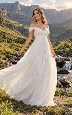 Vestido de novia sencillo de gasa con hombros descubiertos, corte en A y cintura fruncida.