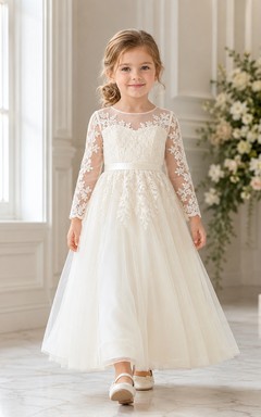 Lace Long Sleeve Illusion Neck Tulle Floor-Length A-Line Formal Flower Girl Dress