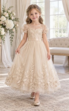 Champagne Floral A-line Tulle Puff-sleeve Ankle-length Illusion-Neck Bordered Flower Girl Dress