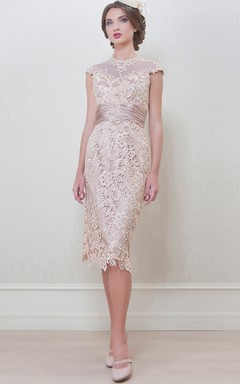 Pencil Knee-Length High Neck Appliqued Cap Sleeve Lace Mother Of The Bride Dress
