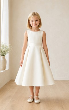 Blumenmädchenkleid aus elfenbeinfarbenem Satin, A-Linie, Rundhalsausschnitt, Teelänge, Schleifendetail