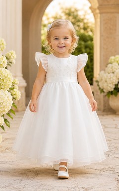 Taufkleid mit flatternden Ärmeln, A-Linie, Organza, Tüll, Rundhalsausschnitt, Teelänge