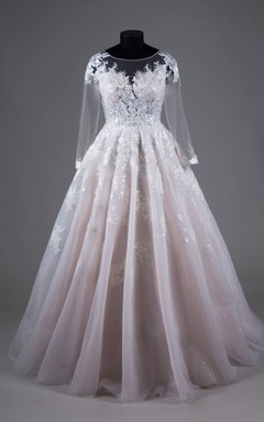 Blushing Illusion Long Sleeve Scoop-neck Ball Gown Plus Size Princess Wedding Dress with Pleats