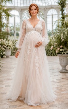 Boho Maternity V Neck Long Bell Lace Sleeve Empire Wedding Gown