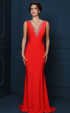 Ärmelloses, figurbetontes Maxi-Abendkleid aus Jersey mit V-Ausschnitt und Perlenbesatz