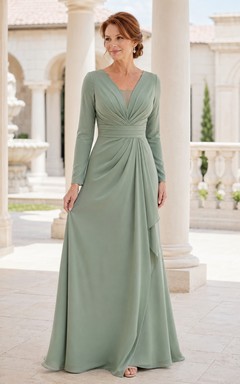 Sage Long Sleeve Chiffon A-Line Mother Dress with V-Neck