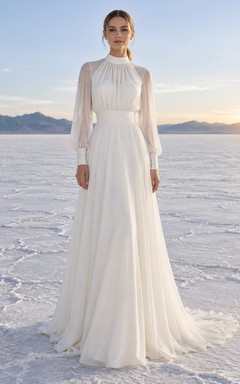 Vestido de novia sencillo de gasa lisa, corte A, manga larga, cuello alto y largo hasta el suelo