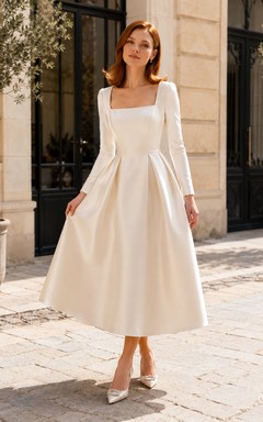 Vestido de novia civil midi de satén con cuello cuadrado y manga larga
