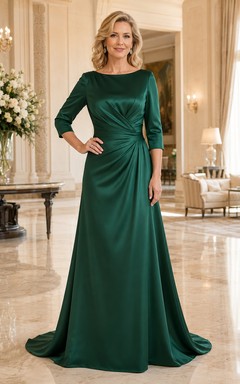 Dunkelgrünes, schulterfreies A-Linien-Kleid aus Satin mit Dreiviertelärmeln