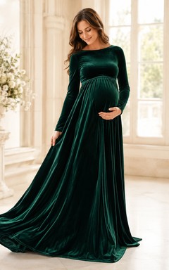 Dark Green Scoop Long-Sleeve Velvet Luxury Maternity Mother Sweep Gown