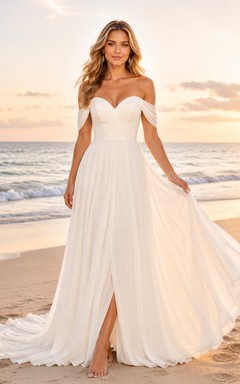Beach Chiffon Tulle Wedding Dress A-Line Off Shoulder Sweep Train with Slit Bridal Gown