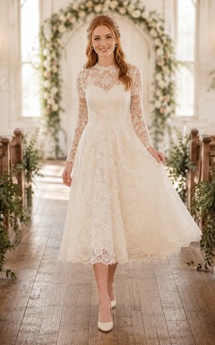 High Neck Lace Long Sleeve Tea Length Modest Wedding Dress