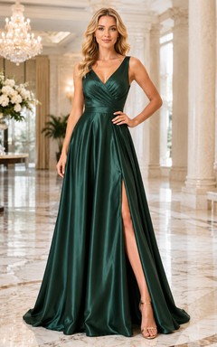 Dark Green V Neck Satin Slit Formal Dress
